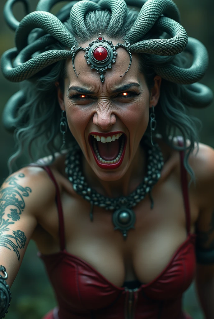 Greek mythology the snake woman Medusa snakes on her head Silver colored metal diaema with a red star on her forehead (((Wonder Woman Red Leather Corset Costume))),(((Scary and terrifying images this woman is screaming silver metal bracelets))),(((Red snake eyes))),(((Fangs)))