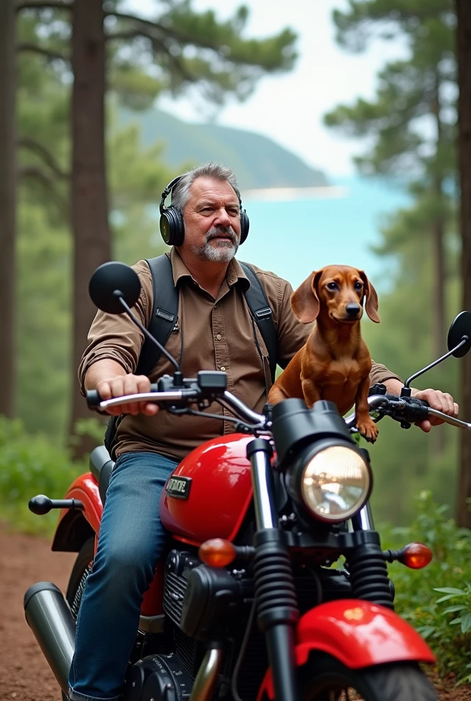I am a stocky middle-aged man and my furry caramel dachshund dog on top of the red motorcycle enjoying the sea listening to music on Bluetooth headphones walking in the woods