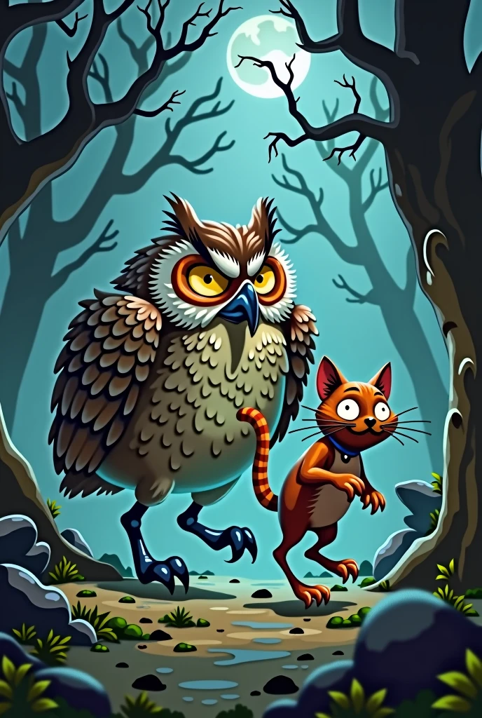 stupid fat owl chasing a smart cat and scary