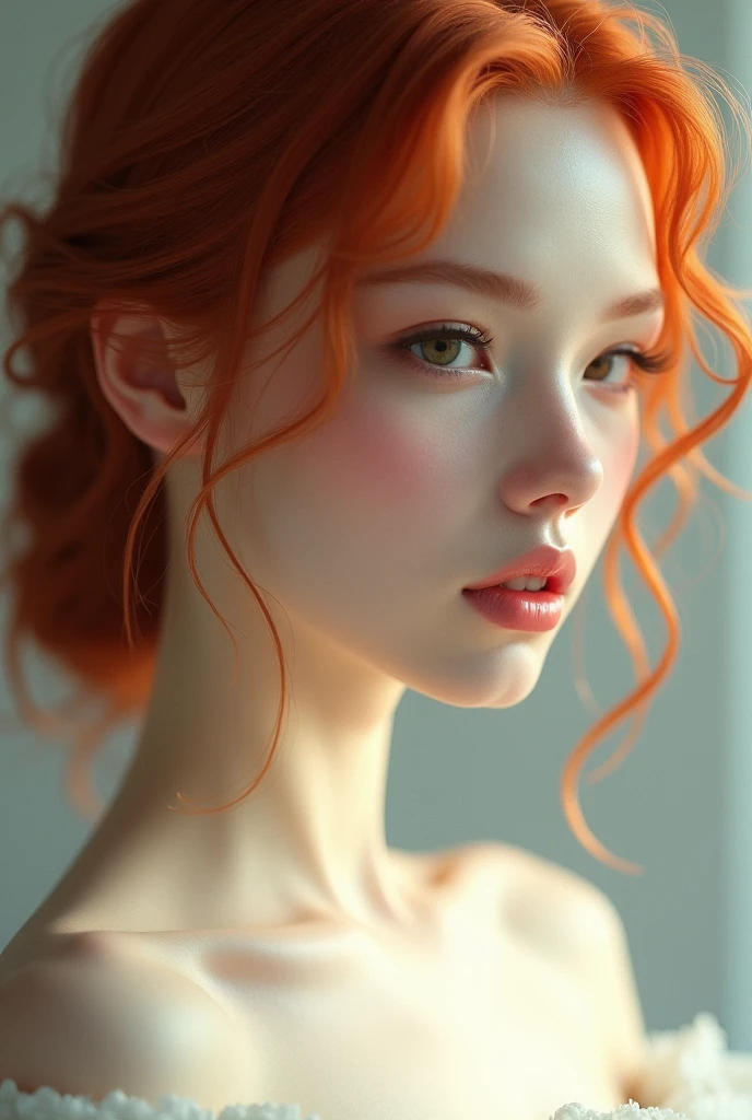 Face of a red-haired woman, White skin, profiled nose, long and curly eyelashes, Full lips that look like an angel