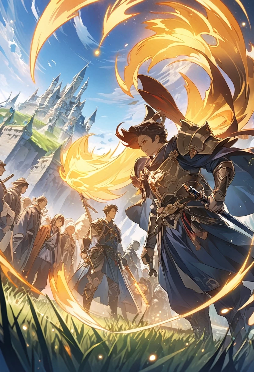 Animagine XL, anime, genshin, detailed illustration, dynamic angle, ultra-detailed, illustration, beautiful illustration, elegant illustration, human, 1man, swordsman, armor, sword, holy, spirits, ancestors, castle, blue sky, green grass, marble statues