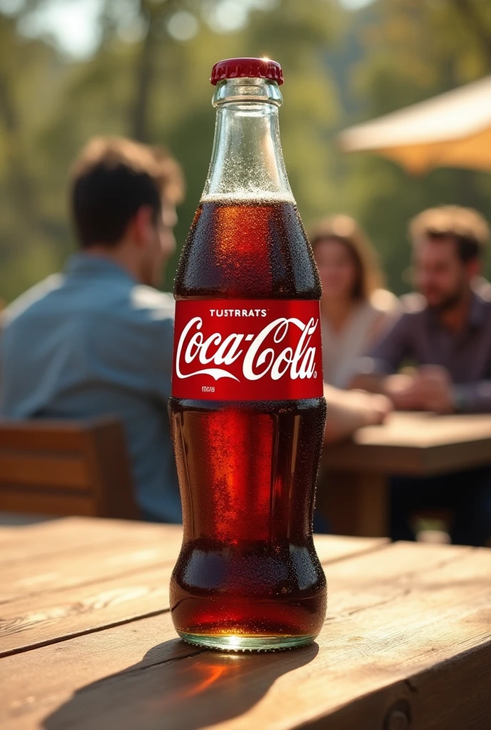 Create an image of a cold 2-liter Coca-Cola, placed on a nice wooden table outdoors with people in the background which will also be blurred.
Let the bottle be on the side of the image, not in the middle.