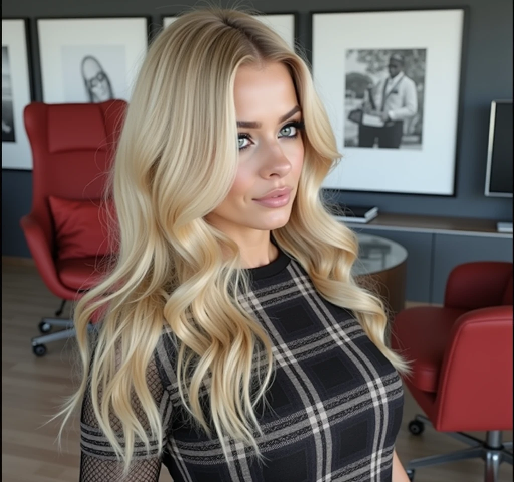 , Mix a blonde girl (Isabella Deltore, Ursula Karven, blonde Behati Pinsloo und blonde Meghan Markle), Sun-tanned skin, Hairline, blonde bob hair with lots of blonde strands, bleached blonde bob hair, Shoulder Bob, , blonde bob hair with lots of blonde strands, pointed nose, bleached blonde bob hair, Shoulder Bob, Subscribe to something, 4, lifted face, Nose for Plastic Surgery, Vampir-Lifting, Pores on the cheeks, broad nasal bone, Eye wrinkles, small laugh lines, Hautpo, Pointed cheekbones, HIGH CHEEKBONE, Almond eyes, Schmale Almond eyes, Smokey Eyes Make-up, Vamp Make-up, Subscribe to something, brownish skin, Surgical lips, detailed face details (freckles, folds, Hautpo) Full body image of (woman, stand, with, Arms crossed,little smile), (Detailliertes Realistses Gesicht), (((Hyperdetailed))), symmetrical face, detailed students, expressive make-up, Real photography, modern look, Real photography (Realists:1.5); She wears various sexy colorful dresses, Bold dark eye makeup Vamp Mascara, long black dark eyelashes, sitting in the living room, Show hips, Confident Pose, dominant woman , black eyeshadow, spectacular show make-up, Image grain, pixel grain, high contrast, Hips posing, sexy hips, Full body shot, long legs, sexy legs, large , large , busty, She presents her body cheekily, provocative for the viewer, sexy attitude, pussy:1.9, vagina:1.9, clitoris:1.9, (small pussy:1.5), (modern office background:1.3)、Golden blonde long hair、(High Heels), (Seductive pose:1.2) professional photo, HDR, Natural light, (Anti-aliasing:1.2), elegant, Soft, diffuse light, Realistssch proportions, limited range, Contre-Jour, Accent Lighting, (Neutral Colors:1.3), (Cough:1.7), cinematic lighting, coherent light, coherent shadows, depth of field, 35mm Photography, epicPhoto, ((naughty slut:1.5)) ((Whore in checkered