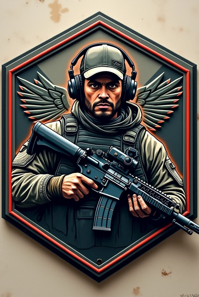 Create Hexagonal Rubber Patch Cliché Image, Military coat of arms, with the name Lukinha Airsoft and an operator carrying an m4 rifle wearing a cap and headphones