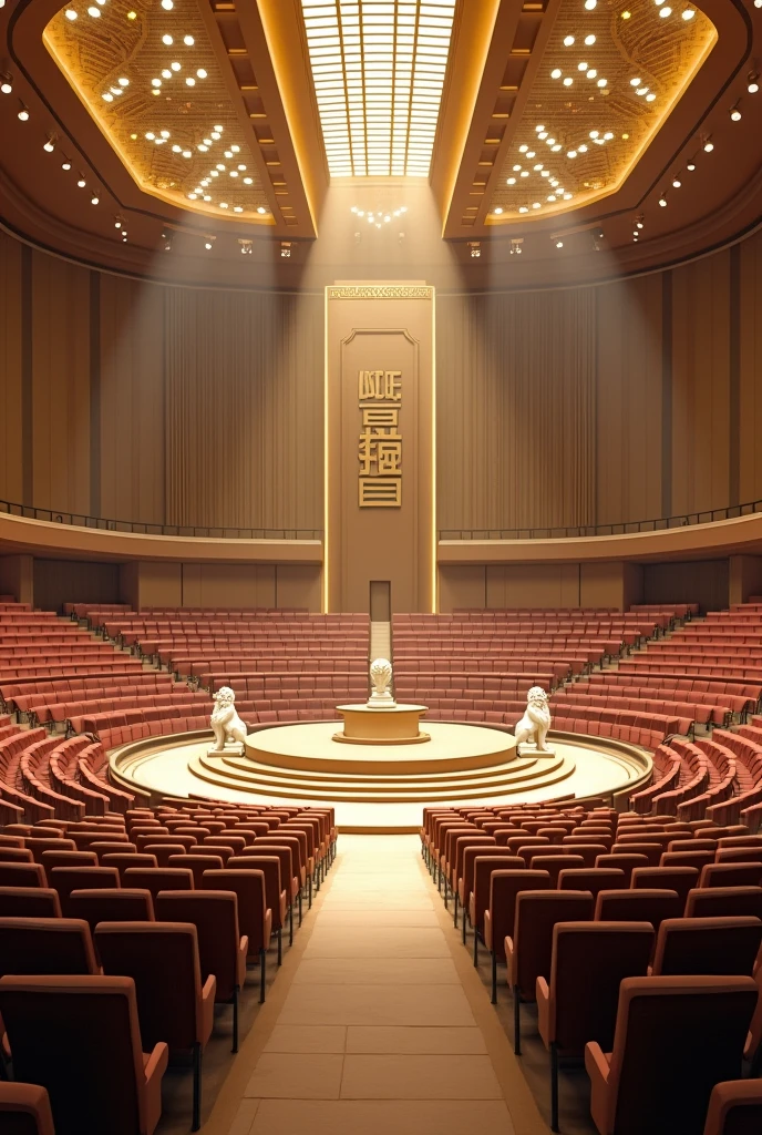 A very huge and wide meeting hall, with many rows and Columns of chairs devided with 7 walk ways,golden and white lights in the building,ceiling with many spot lights, A very wide Huge circular flat stage, a white statue of two lions setting on opposite edge of the stage
