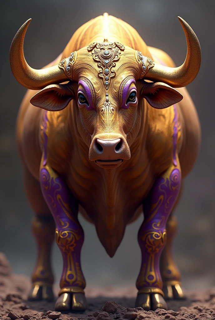 Female bull in gold and purple colors that has the name on the top "Red Bulls Kings" with gold letters and diamonds.