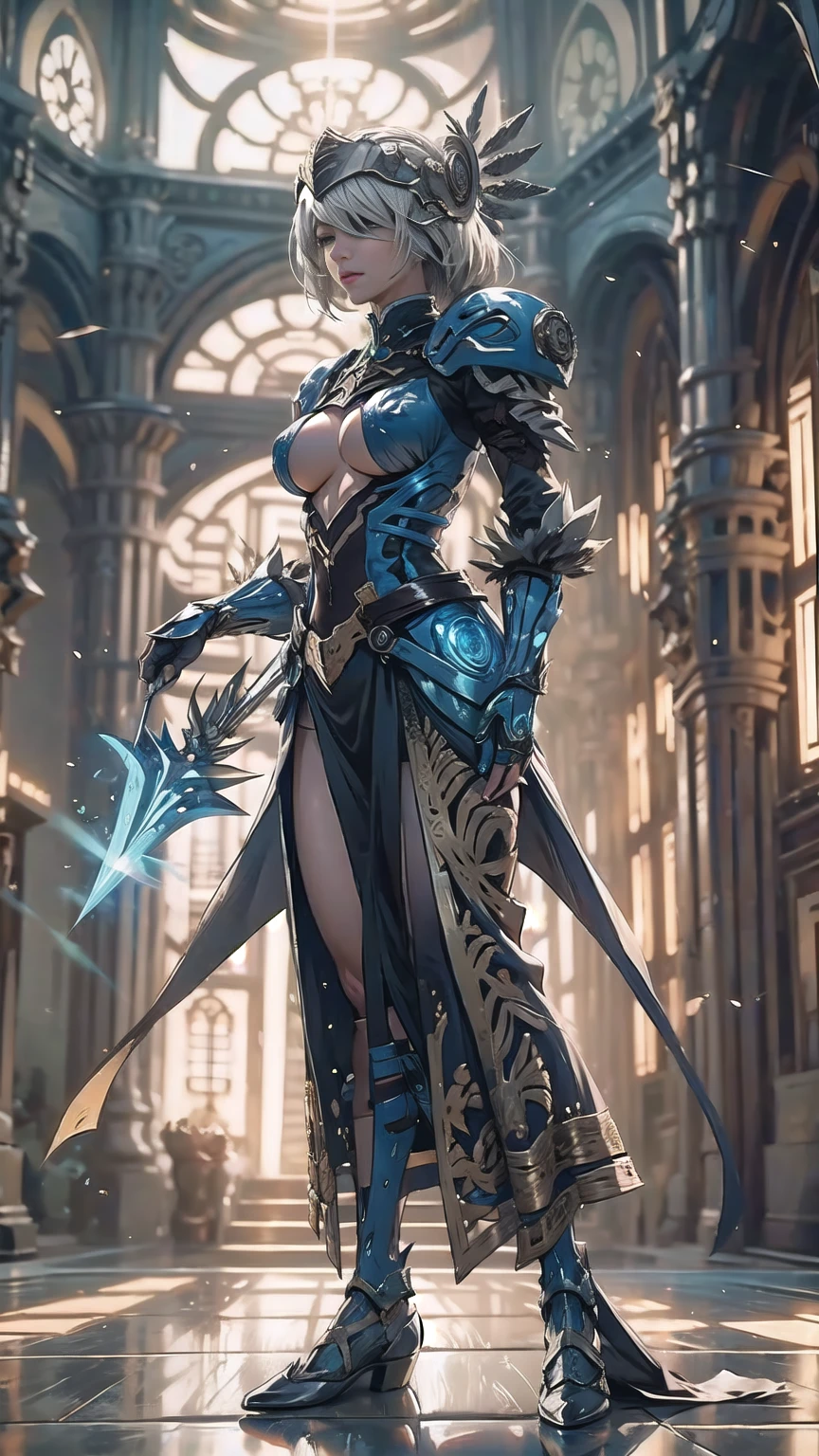 Make a 'kitbash' of Lenneth from 'Valkyrie profile' and 2B from 'Nier: Automata', combine 2B and Lenneth, solo, 1girl, BREAK: ((bright sapphire blue plate mech4rmor)), (boob window:1.27), (blue helmet blindfold:1.32), thigh cutout, long skirt, wings, BREAK: standing contrapposto, holding glowing spear, light smile, BREAK: plains, castle, BREAK: (better hands, best hands,) (insanely detailed, masterpiece, best quality), strong_negative, Chinese style 