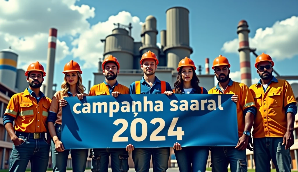 A striking depiction of Brazilian metalworkers, men and women, standing strong in front of a modern factory with large buildings. Dressed in uniforms and safety helmets, they face the camera with unwavering determination. holding a blue and white text banner with the phrase "Campanha Salarial 2024" in Portuguese. The scene captures the spirit of unity and struggle for workers' rights.