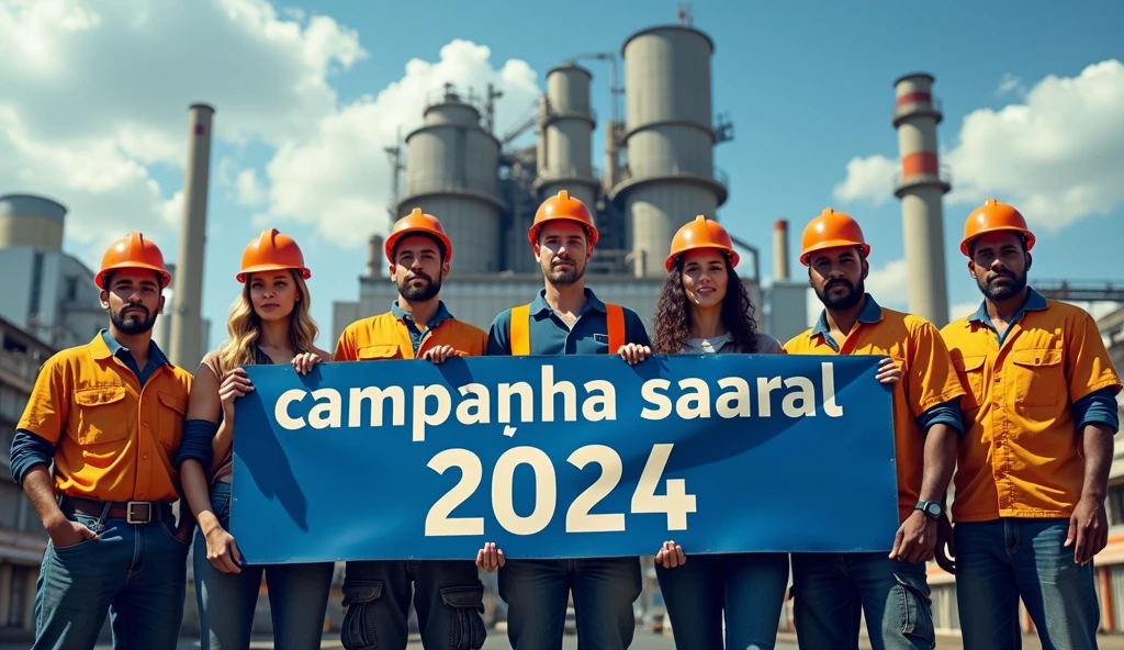 A striking depiction of Brazilian metalworkers, men and women, standing strong in front of a modern factory with large buildings. Dressed in uniforms and safety helmets, they face the camera with unwavering determination. holding a blue and white text banner with the phrase "Campanha Salarial 2024" in Portuguese. The scene captures the spirit of unity and struggle for workers' rights.