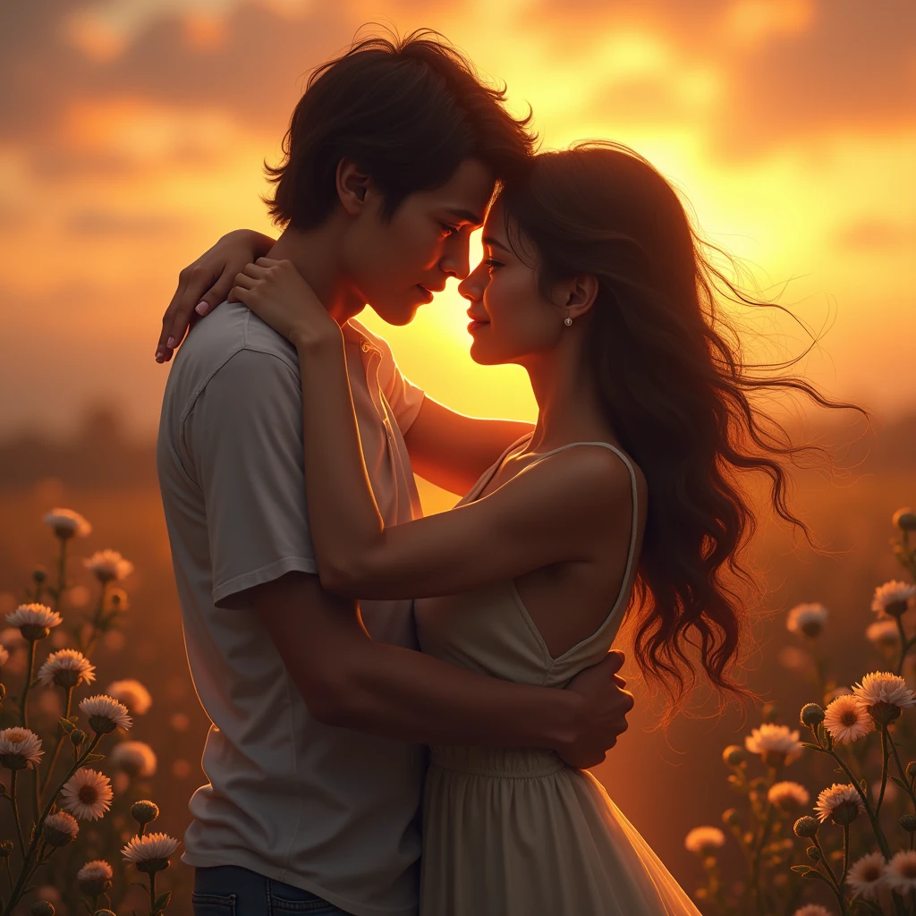 (Eternal Embrace:1.4), (two figures holding each other tightly:1.4), (tears of joy and relief streaming down their faces:1.4), (warm, golden light surrounding them:1.3), (soft glow illuminating their features:1.4), (gentle breeze lifting strands of hair:1.3), (delicate, blooming flowers at their feet:1.4), (fading sunset in the background:1.3), (rich and vibrant colors:1.4), (deep emotional connection:1.4), (overwhelming sense of love and peace:1.3), (highly detailed expressions and textures:1.4)