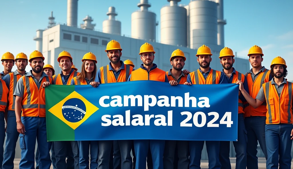 A striking depiction of Brazilian metalworkers, men and women, standing strong in front of a modern factory with large buildings. Dressed in uniforms and safety helmets, they face the camera with unwavering determination. holding a blue and white text banner with the phrase "Campanha Salarial 2024" in Portuguese. The scene captures the spirit of unity and struggle for workers' rights.