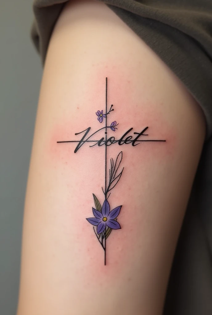 Linear tattoo in the shape of a cross the Vertical line with the name Violet. And below the T a violet example:
V
I
-----O-----
L
E
T