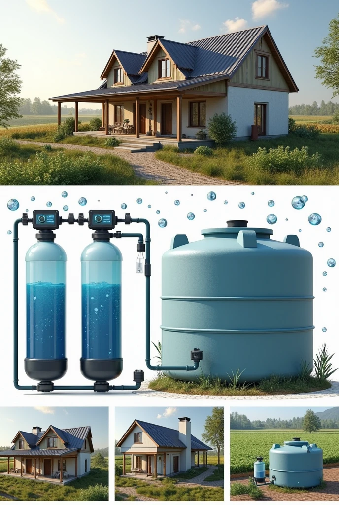 a water tank to filter grey water such as shower water, sinks and laundry sinks that come from a house for agriculture with sensors that measure water pollution that shows the house from a distance that the image has more images as a collage of all the angles that show how it would work