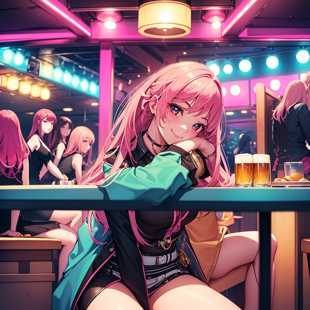 masterpiece, best quality, ((3 girls)), ((multiple women)), ((sitting beside girls)), sitting, ((club background)), pink hair, knowing look, smile, sultry eyes, trendy outfit, ((directly across from viewer)), ((table in front)), table, mug, beer, ((booth seating))