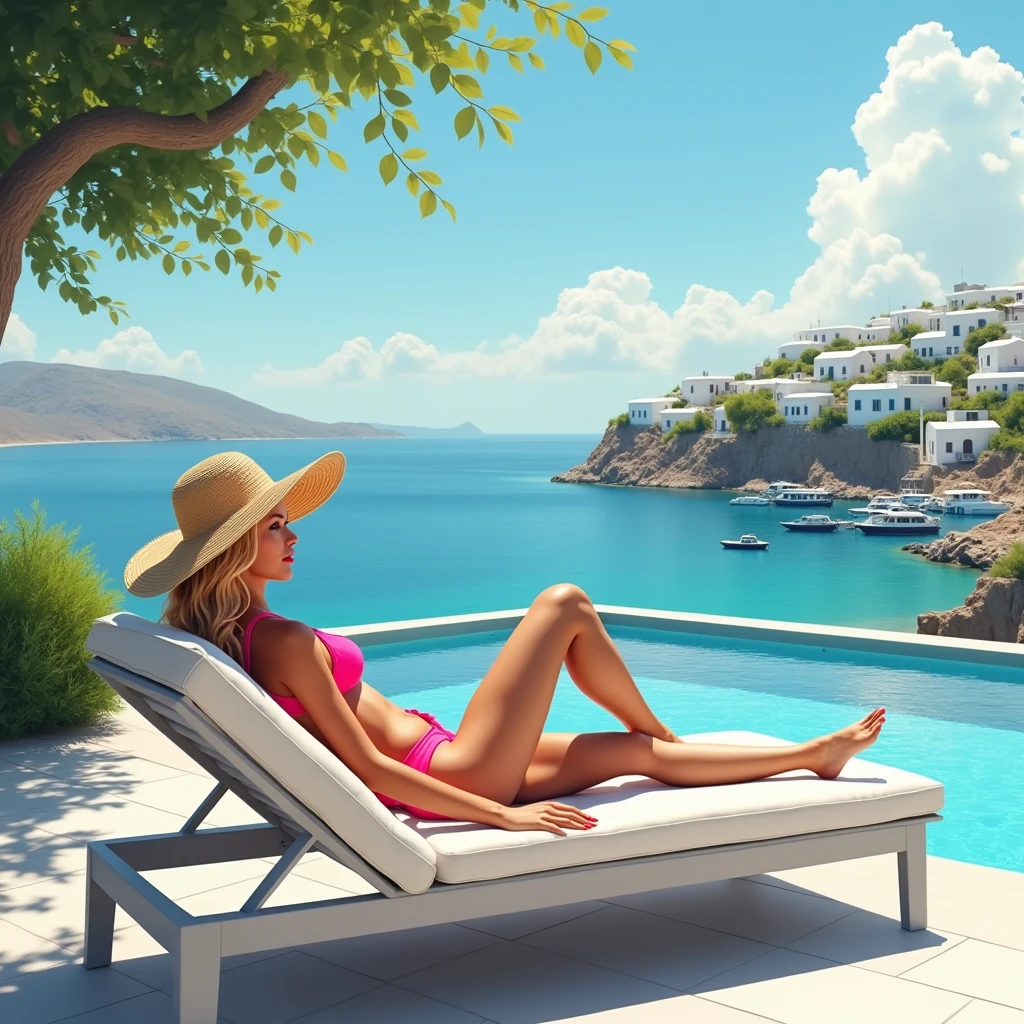 Blonde woman in a pink bikini, wide-brimmed hat, sitting on a sunbed at Paros island