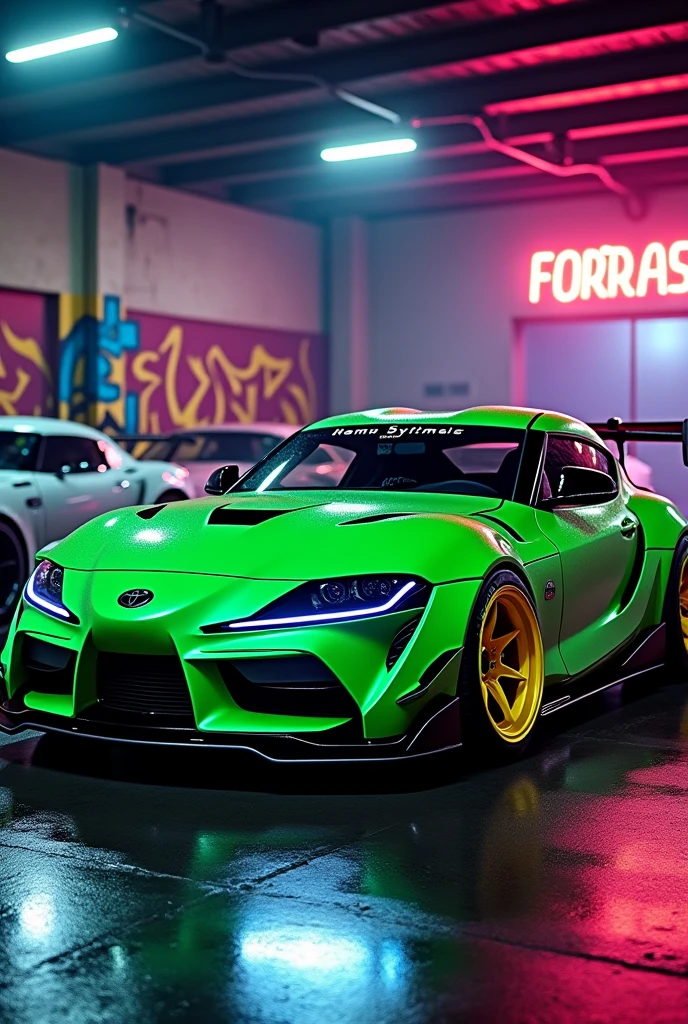 can u make a green supra mk 5 with bodykit in midnight graffiti garage with wet floor neon lights and yellow tires of the other angle view