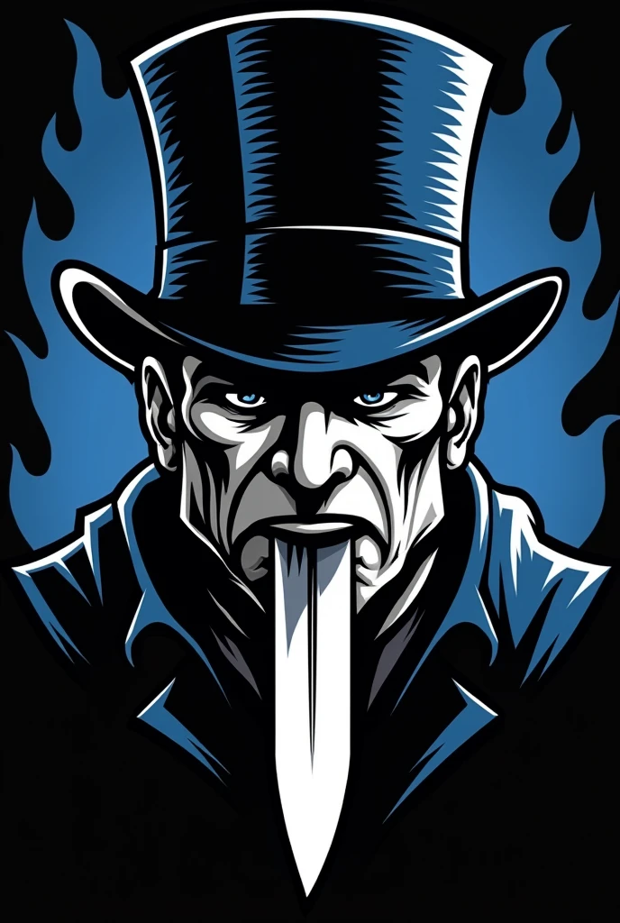 Logo type of a man with a top hat (black white and blue in the background details) just the face/Neck.
Just like that, but knife for a football team logo, a logo that commands respect Take that out of his mouth