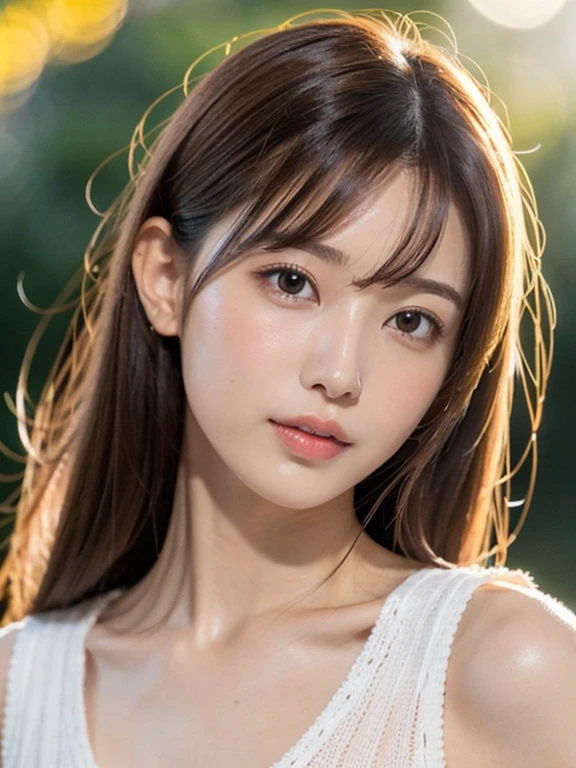 1 female, Westshot、beautiful, Backlight 、Autumn sunset, Backlight, Autumn color knit sleeveless top 、Slim figure, Big Breasts, beautiful, Wear your hair up to show off your sexy neck and collarbones. 、Shiny, Sexual skin 、Mid-chest, Light brown hair, Blunt bangs, Hair behind the ear, Hair that falls over the shoulders, Long Hair, Slim figure, Extremely delicate lips, beautiful目, A slight blush, eyes are light brown, Perfect glowing skin, Perfect Skin, very thin fingers, The optimal ratio is four fingers to one thumb., (Realistic:1.3), First Person View, Super Detail, high quality, 最high quality, High resolution
