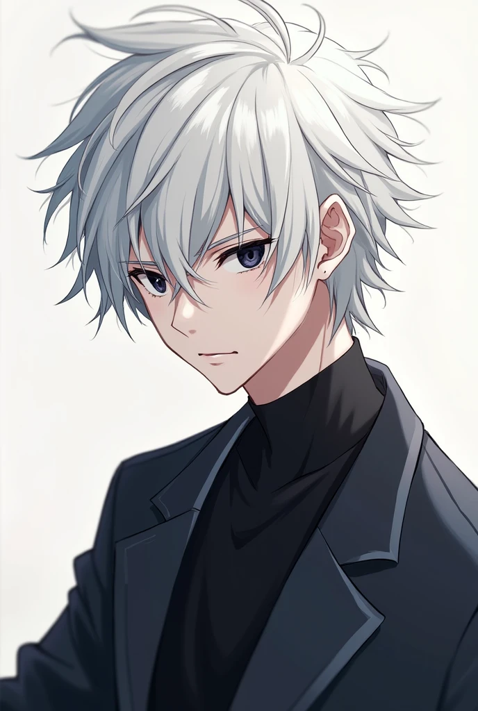 Make a male anime profile picture with white hair and black eyes
