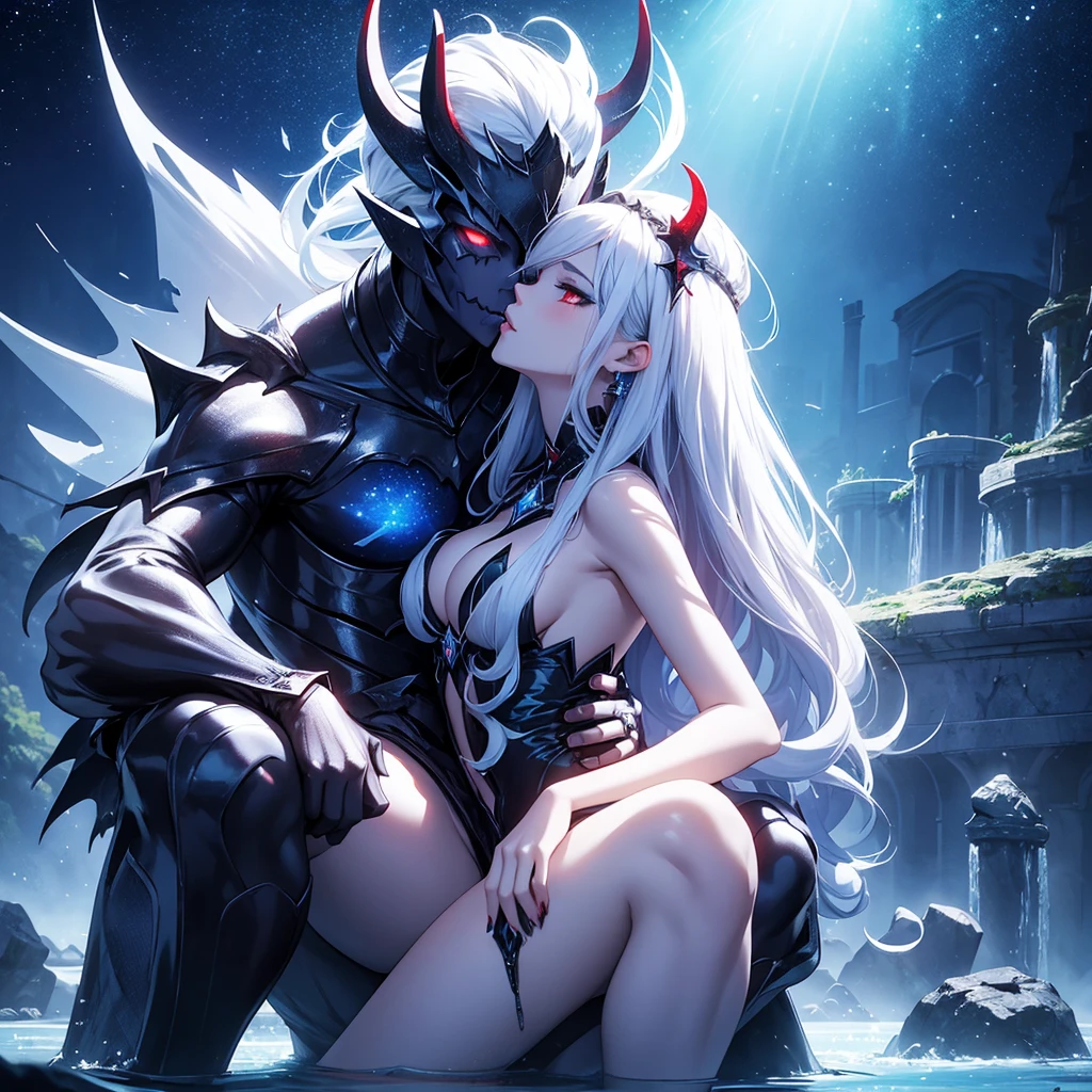 Demon Queen Kissing Man in Water fanzeo she has sexy body white hair red eyes dark background full of stars blue mist and sucks throne in the background
