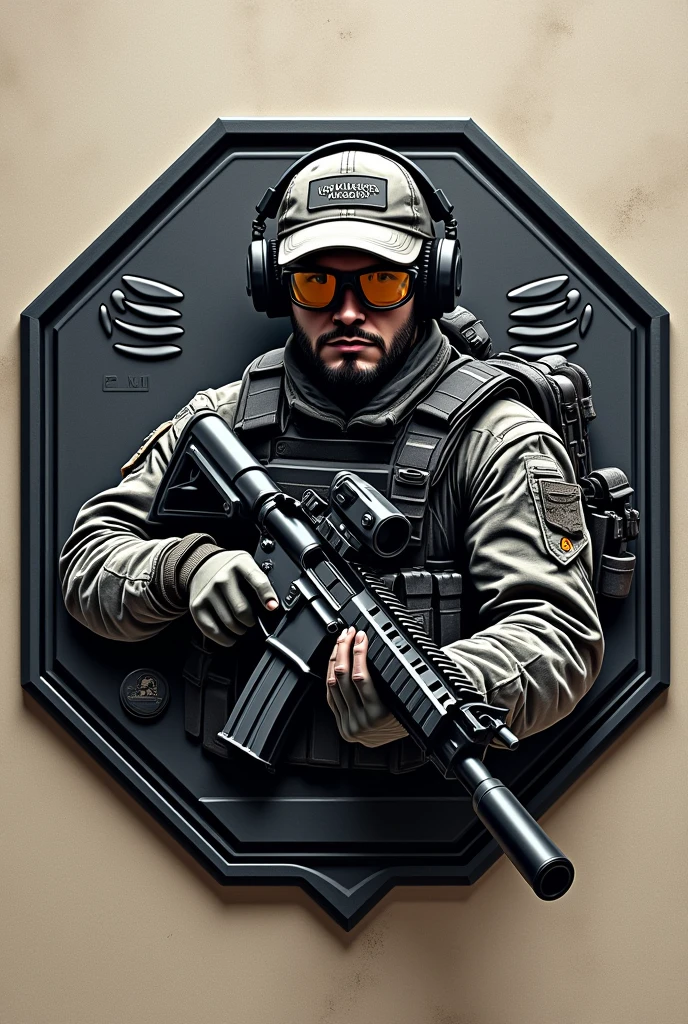 Create Hexagonal Rubber Patch Cliché Image, Military coat of arms, with the name Lukinha Airsoft and an operator carrying an m4 rifle wearing a cap and headphones