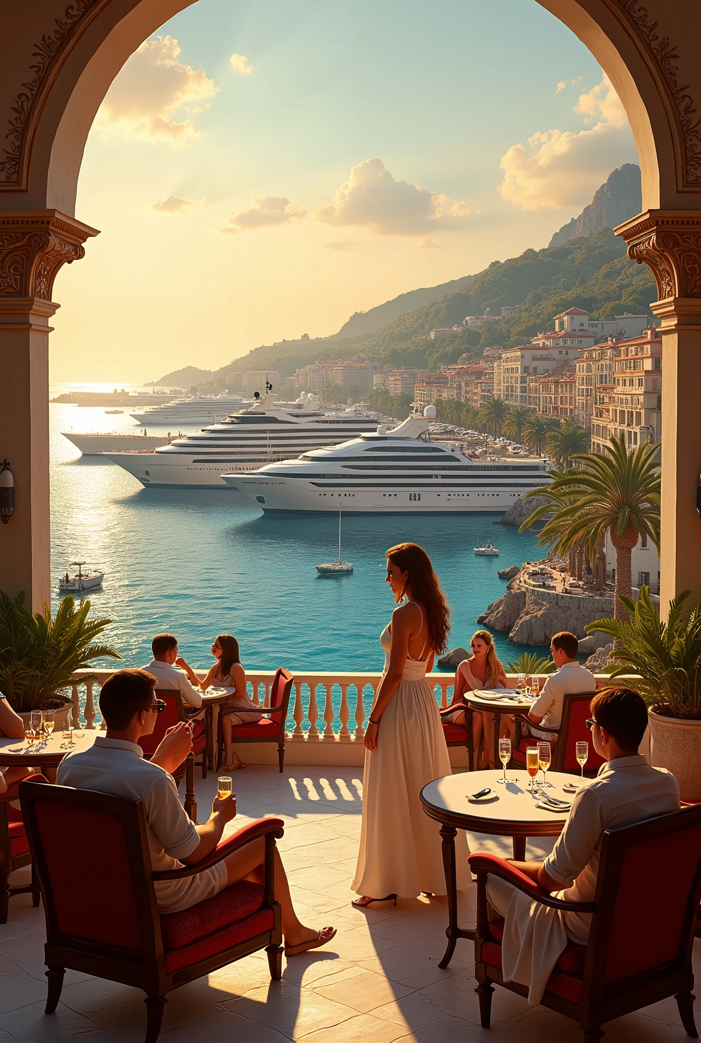 • Buildings and cityscapes: “grand hotels,” “luxurious buildings,” “ornate architecture.• Resort feel: “harbor with yachts,” “golden sunlight,” “Mediterranean Sea." • Elegant atmosphere: “luxury,” “champagne,” “small ornate window,” “exclusive destination