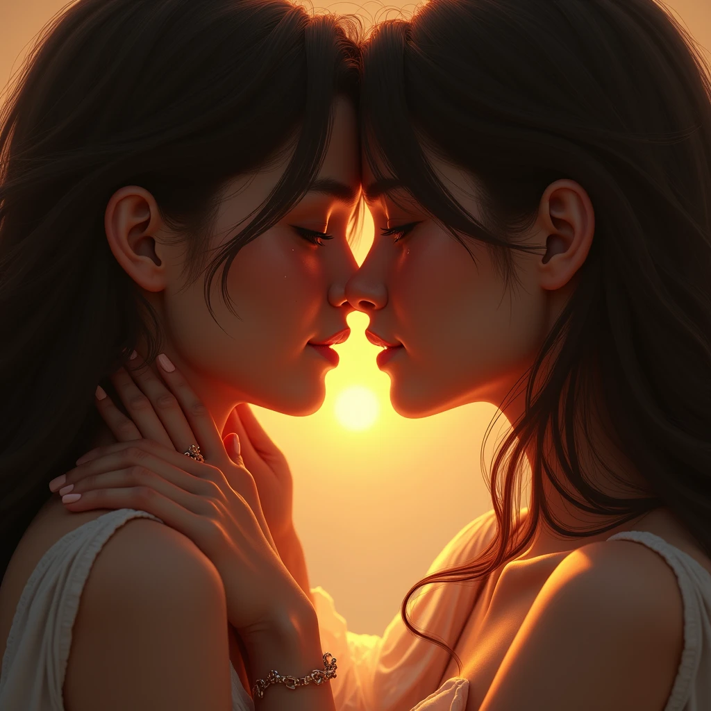 (Eternal Embrace:1.4), (two faces close together, holding each other tightly:1.4), (tears of joy and relief streaming down their faces:1.4), (warm, golden light illuminating their faces:1.3), (soft glow highlighting their features:1.4), (gentle breeze subtly lifting strands of hair:1.3), (delicate expressions of love and connection:1.4), (rich and vibrant colors:1.4), (deep emotional connection reflected in their eyes:1.4), (overwhelming sense of love and peace in their expressions:1.3), (highly detailed facial features and textures:1.4)
