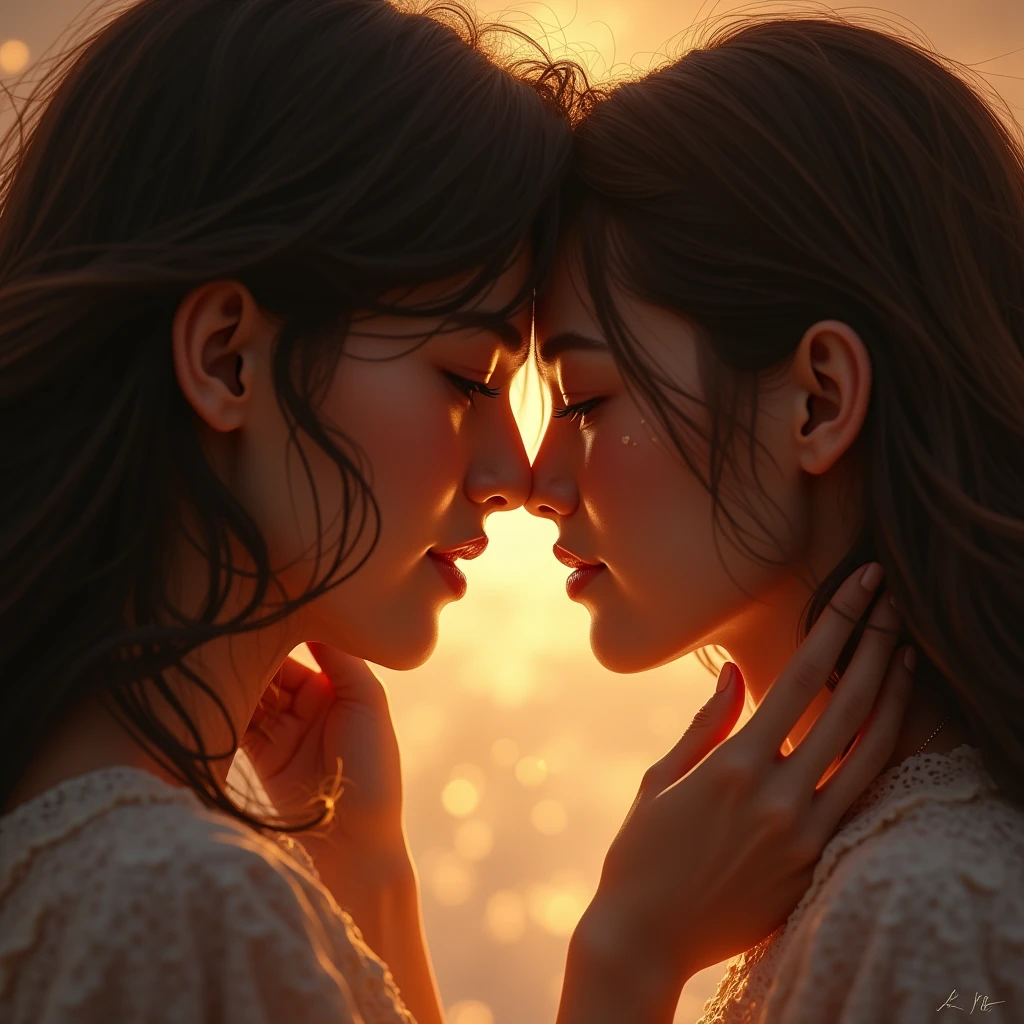 (Eternal Embrace:1.4), (two faces close together, holding each other tightly:1.4), (tears of joy and relief streaming down their faces:1.4), (warm, golden light illuminating their faces:1.3), (soft glow highlighting their features:1.4), (gentle breeze subtly lifting strands of hair:1.3), (delicate expressions of love and connection:1.4), (rich and vibrant colors:1.4), (deep emotional connection reflected in their eyes:1.4), (overwhelming sense of love and peace in their expressions:1.3), (highly detailed facial features and textures:1.4)
