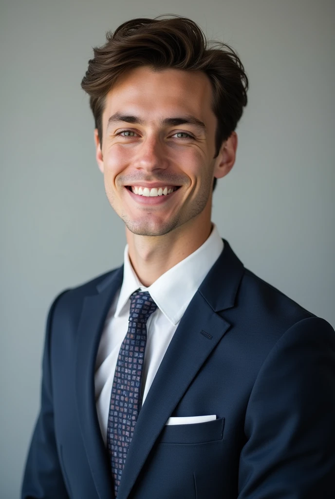A smart 20 year old man will smile. The tie suit will be worn on the body. Will look front
