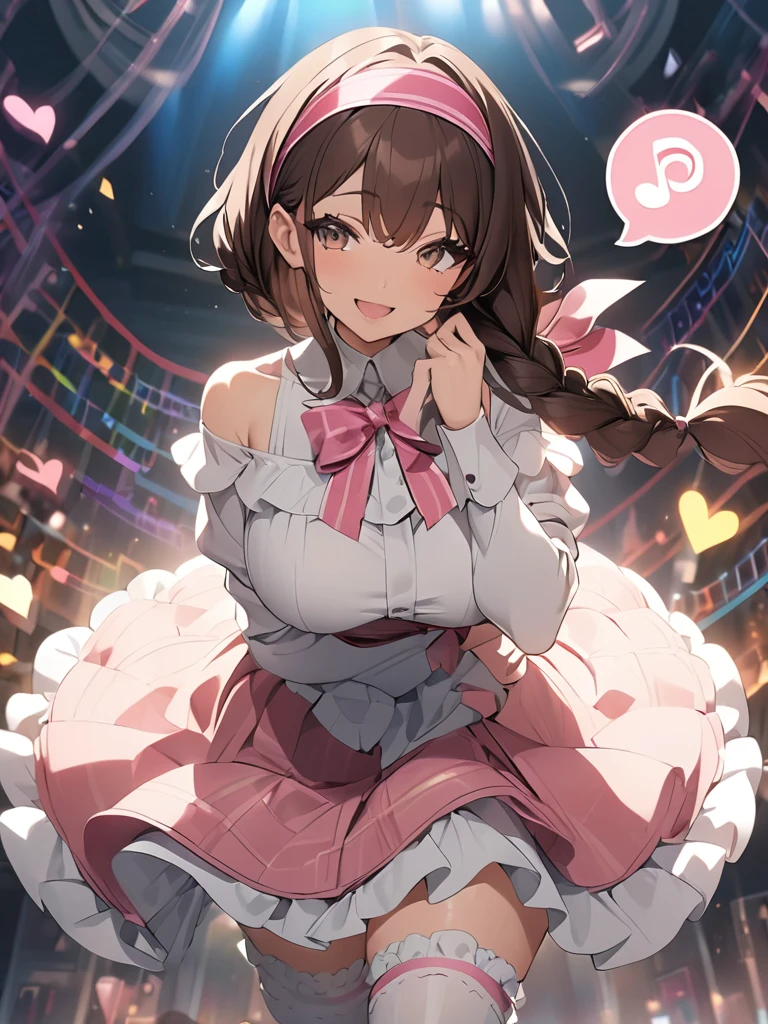 (anime screencap:1.2), masterpiece, best quality, ultra detailed 8k, (cute girl with one braid:1.2), (dark brown hair, (low ponytail, one braid), braid with ribbon), , light brown eyes, droopy eyes, glasses, smile, open mouth, large breasts, (spoken musical symbols:1.4), many hearts, giving hearts at viewer,
BREAK
(white off-shoulder blouse, frilled hem), (headband with big pink ribbon), (pink multi layered skirt, frilled hem, fluffy panniers), (white lace thigh high stockings, pink side ribbon), microphone, (floating colorful musical score, colorful musical score on background)