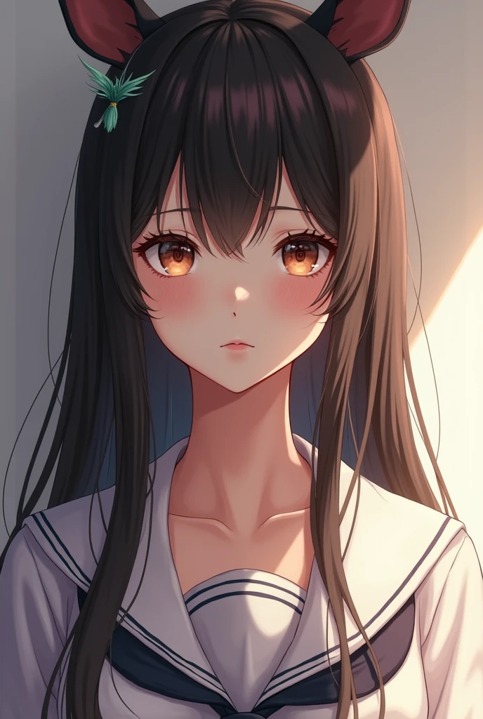, Highest quality, Photos in RAW format, Realistic Face, Incredibly beautiful, cute, Silky, Smooth and shiny hair, Depth of the written border, High resolution, Very detailed, Very detailed目と顔, Excellent student, Realistic student, Sharp focus, Cinema Lighting, small, (small breasts:1.2), (slim, , kind), Small waist, (slim waist:1.2), Delicate and sexy collarbone, (Sailor suit:1.2), (Lifting Sailor suit to show off a small cute bra:1.5)))、Animal ears