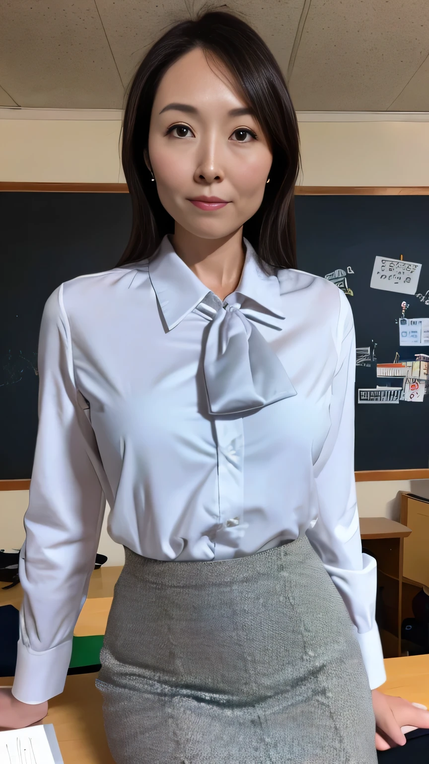 One Japanese woman、40 years old、female teacher、White ribbon collar bowtie blouse、Knee-length pencil skirt、Cowboy Shot、Watching the audience、classroom、uhd, masterpiece, anatomically correct, super detail, best quality, 8k