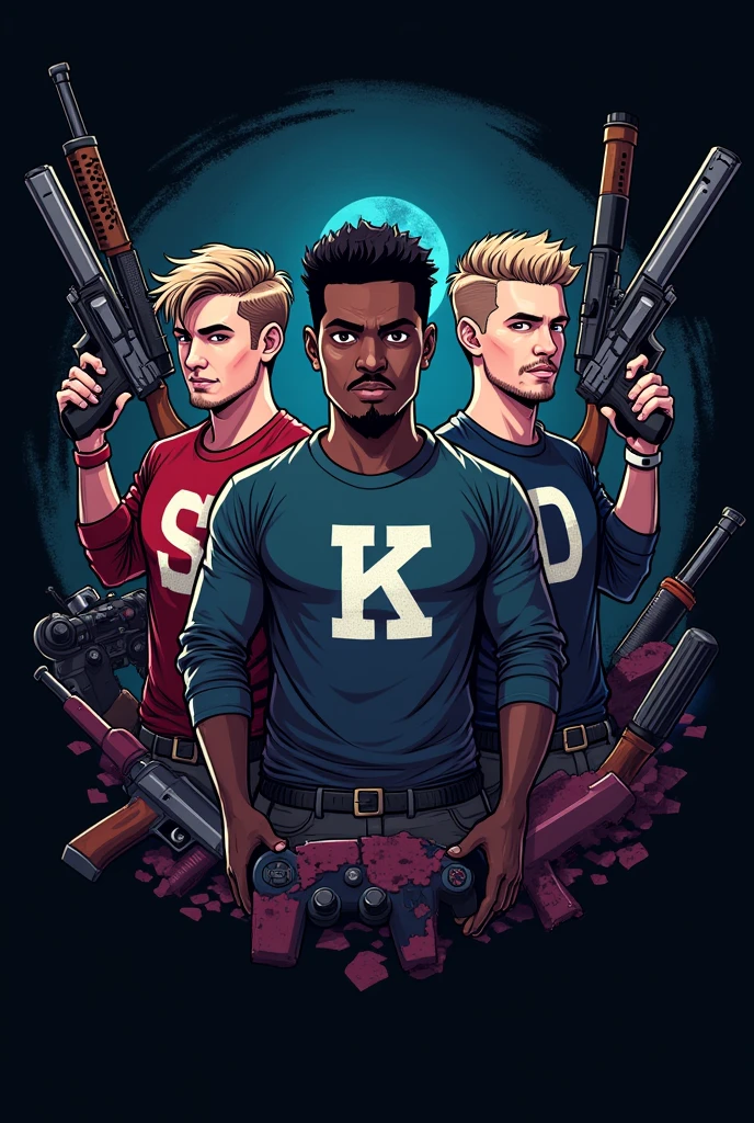 Gamer logo of three people with weapons and initials on their shirts (s)the other one (k) y the other one (D)  that the background is horror that one is dark the other white and the other with long hair that they are men with the initials on the shirt one with the (s) the other with the (k) and the long-haired one with the(D) a little animated that the person who has the letter k is black and the other two all have light skin that none of them have beards that the background has weapons and guns and video game controls 
