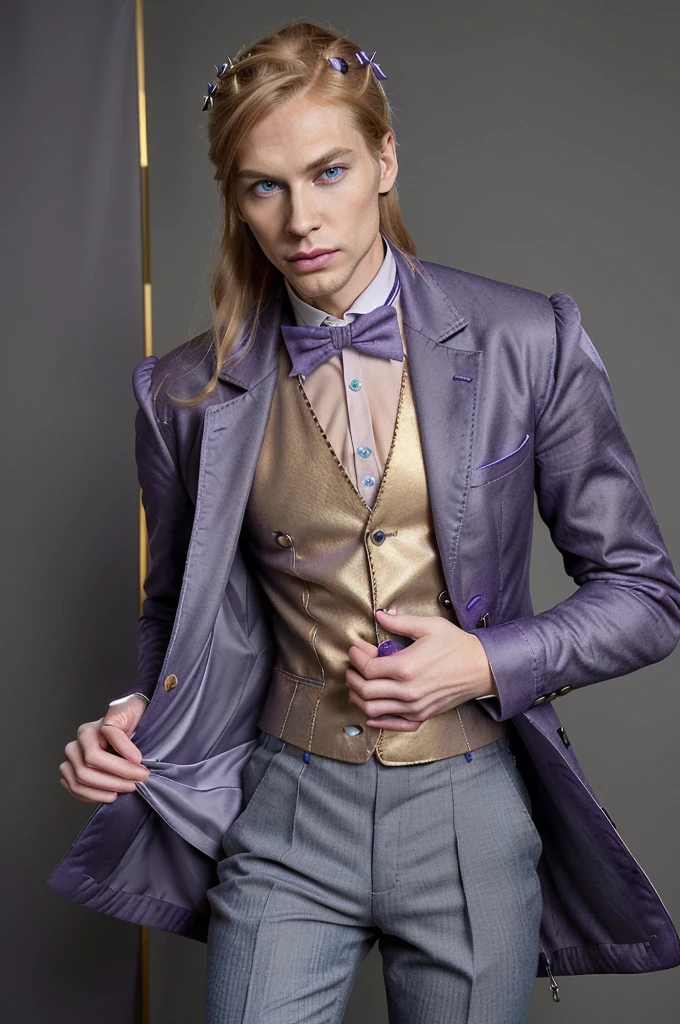 Pale and tall man, Appears to be 30-3. It's been a long time (to the waist) With light blond hair with a golden tint, Thin gray-blue eyes with dark purple eyeshadow and noticeably high cheekbones. His clothes are in Victorian style, old, Long dark burgundy jacket with lavender lining and gold pins on the folded cuffs. Under his jacket he has a purple vest over a white ruffled shirt, Wearing classic purple trousers, In dark blue knee-high boots and gloves of the same color.
