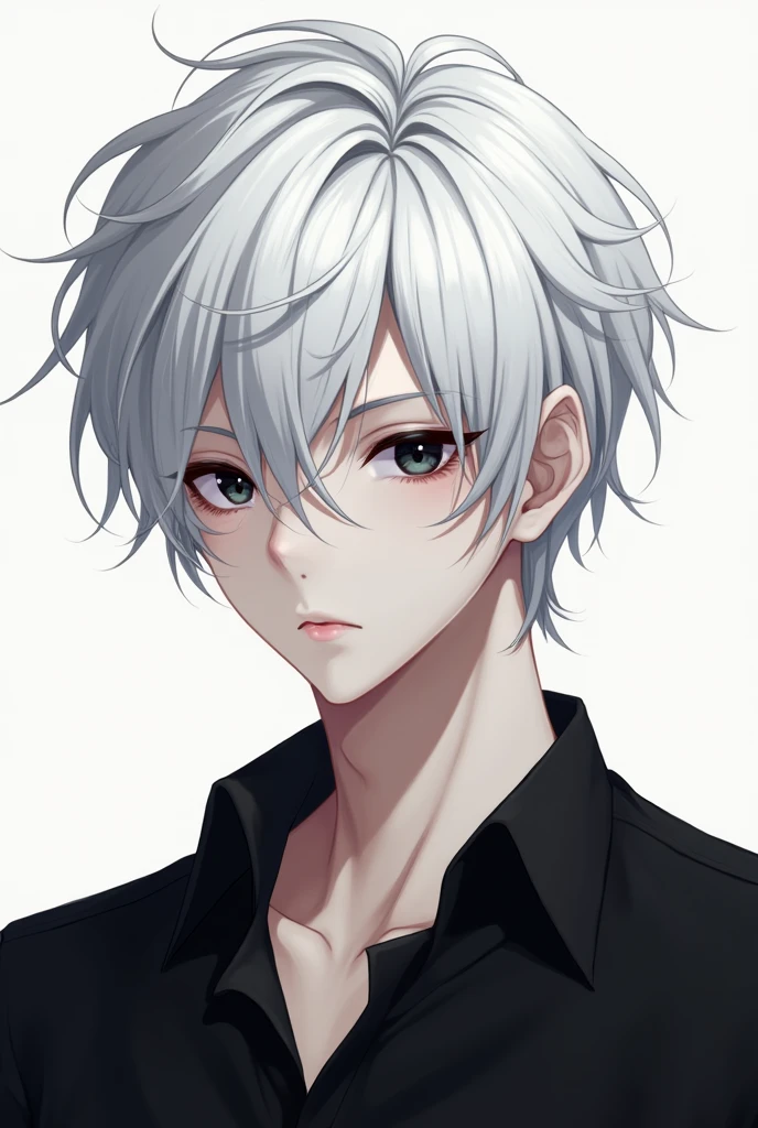 Make a male anime profile picture white hair black eyes black shirt