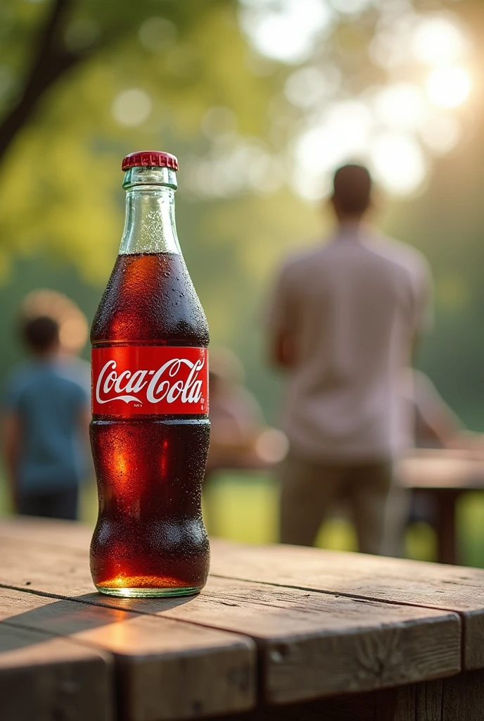 Create an image of a cold 2-liter Coca-Cola, placed on a nice wooden table outdoors with people in the background which will also be blurred.
Let the bottle be on the left side of the image, not in the middle. Consider the position I want for the bottle that I have indicated to you..