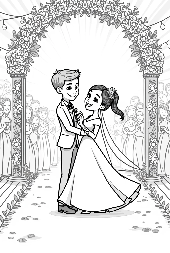 A line art for a children's coloring book with a Pixar-style wedding theme, of an engaged couple dancing at their wedding with a beautiful background full of details