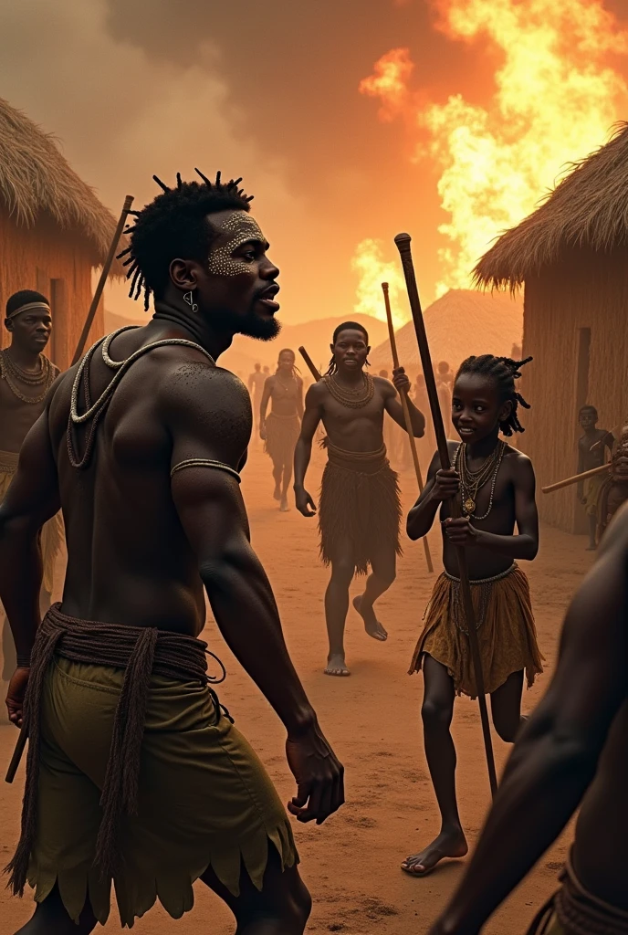 (A dramatic scene where the Ngomba, Kimbasi, and N'golo warriors invade the Mulambi village. The attackers, dressed in menacing traditional warrior attire, overwhelm the village. Mulumba, tall and muscular with tribal scars, fights valiantly but is ultimately captured. The village is in chaos, with huts burning and villagers fleeing in terror. Kimia, in the distance, watches helplessly, her expression filled with sorrow and despair."