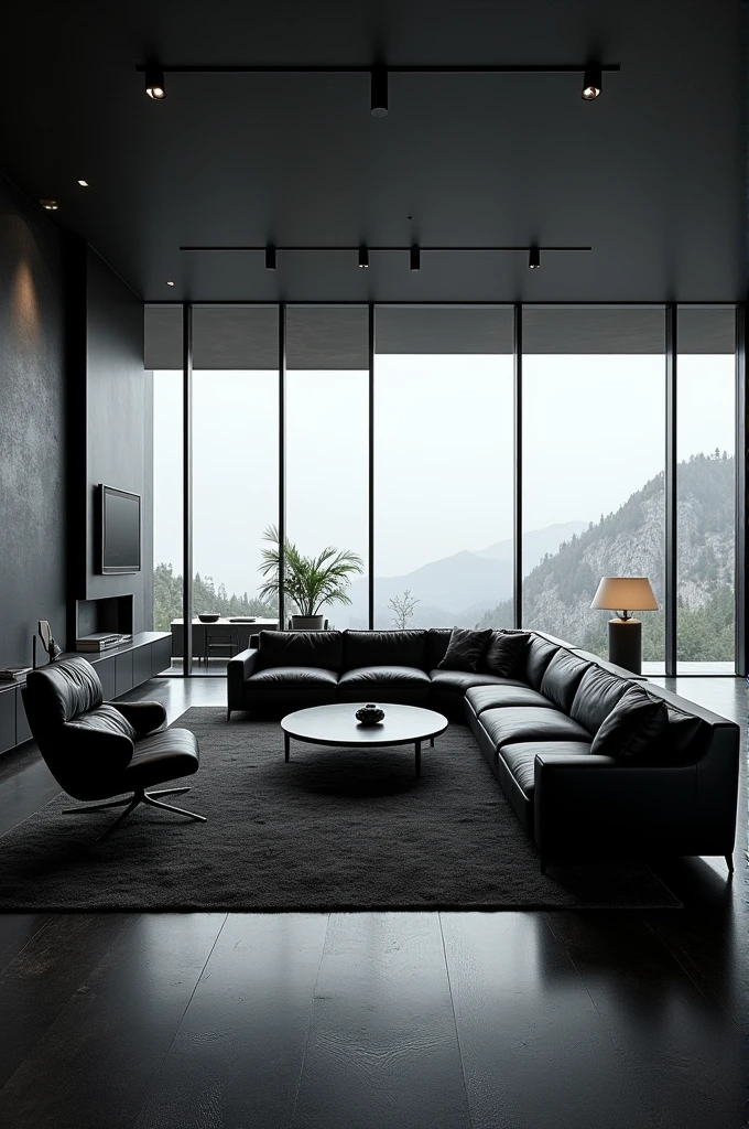 create an image of a large and luxurious living room with black interior decoration and glass wall