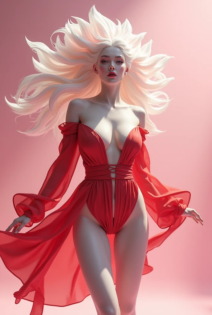 Draw a beautiful albino white sakura having sexy very much larger and wider rose like layered wet pink pussy ( vagina ) , jumping, wearing a red tunic torn from center, sexy, perfect tits, perfect face, dressed up modernly, instagram, 16:9 size, highly detailed face, perfect face, ultra white skin, highly textured realistic anime