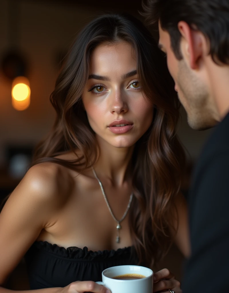 she is name ahu 20 years old (brunette) ,(tall woman),(long legs),single woman, chest 80 waist 60 hip 80 , G30,big normal breast,she is wear black strapless dress, A 30-year-old handsome man is sitting next to Ahu, the man's face is not visible. Ahu's face is visible.
The man's head is seen from behind and he is looking at the ahu, and the ahu is looking at the man.  We see the man from behind. Ahu and the man are drinking coffee, the man's face is not visible at all, the man's back is visible, the man and the man are sitting next to each other, RAW, Nikon Z 85mm, award-winning glamor photography, ((best quality)), ((masterpiece)), ((realistic)), (long brunette hair), hazel eyes,intricate details, highly detailed, sharp focus, professional, 4k, stunning hazel eyes, delicate, innocent, high resolution, detailed facial features, high detail, sharp focus, soft , aesthetic, extremely detailed, photo_\(ultra\), photorealistic, realistic, post-processing, maximum detail, real life, ultra-realistic, photorealism, photography, 8k uhd, photography, russian face