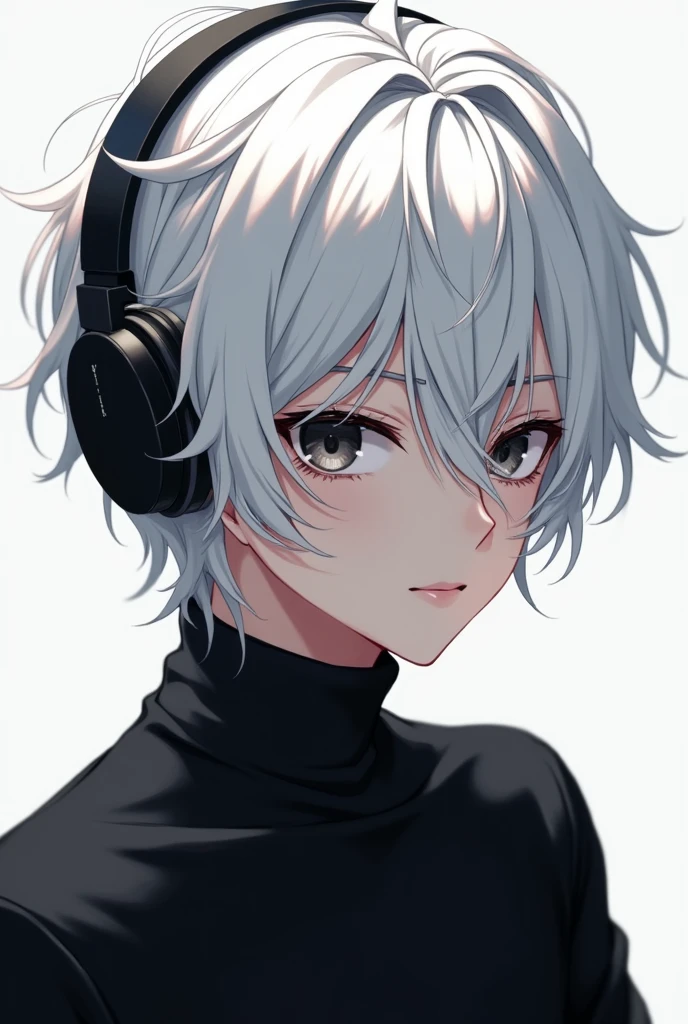 Make a male anime profile picture white hair black eyes black shirt black headphones