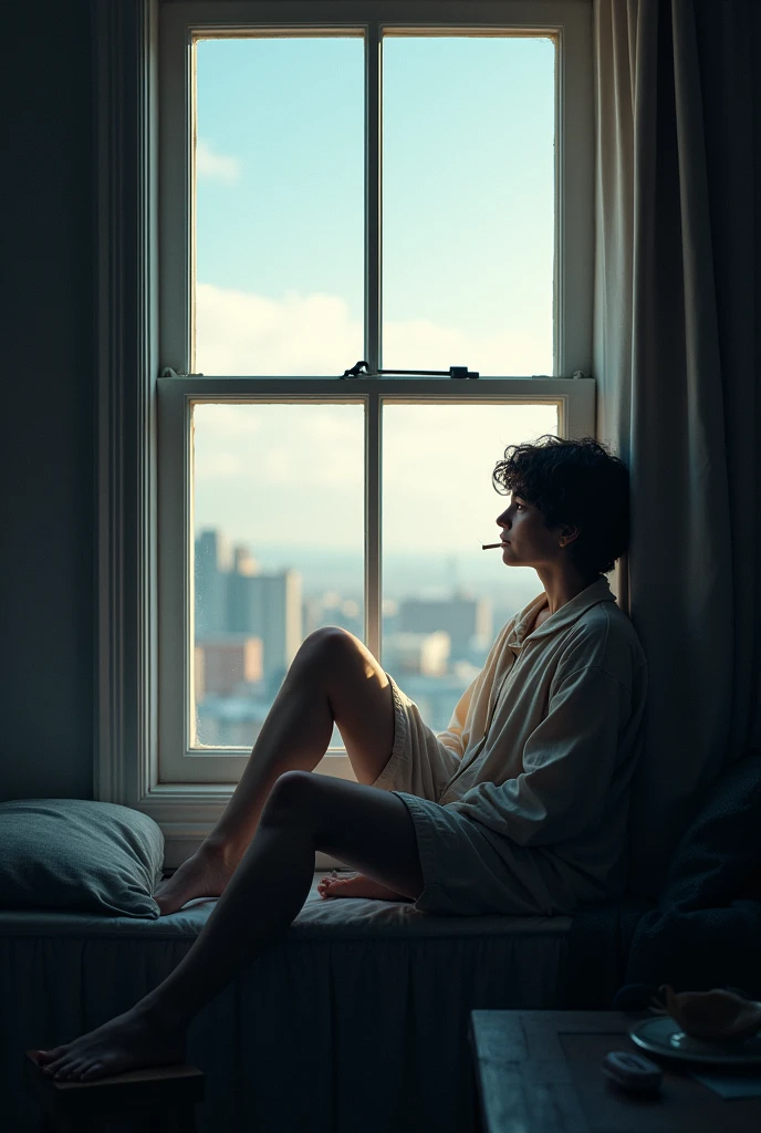one in pajamas smoking in the window of an apartment