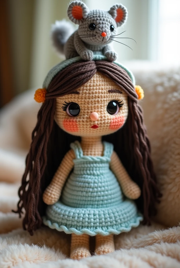 Make an amigurumi doll with dark brown hair that reaches her waist, has brown skin, is wearing a light blue dress, and has a chinchilla on her head. 