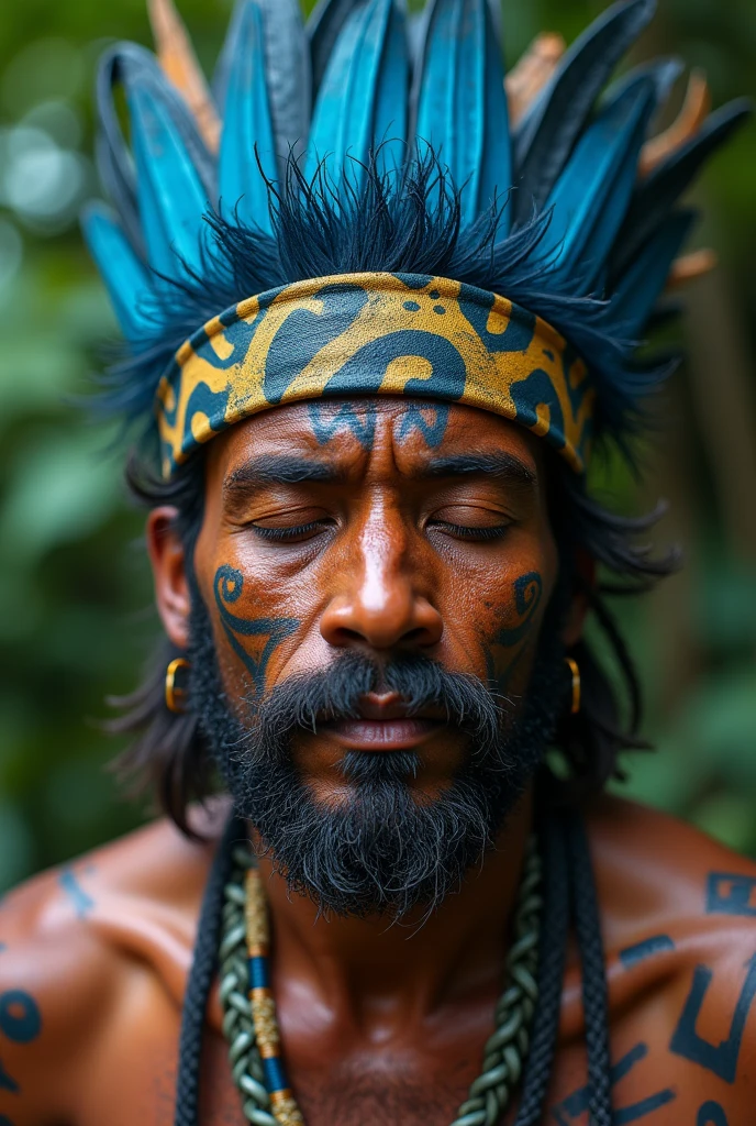 Amazonian Indian tribe, 30 year old scarred face, blue headdress, high definition image, drawings on the indigenous body, Black, closed eyes, sem beard.