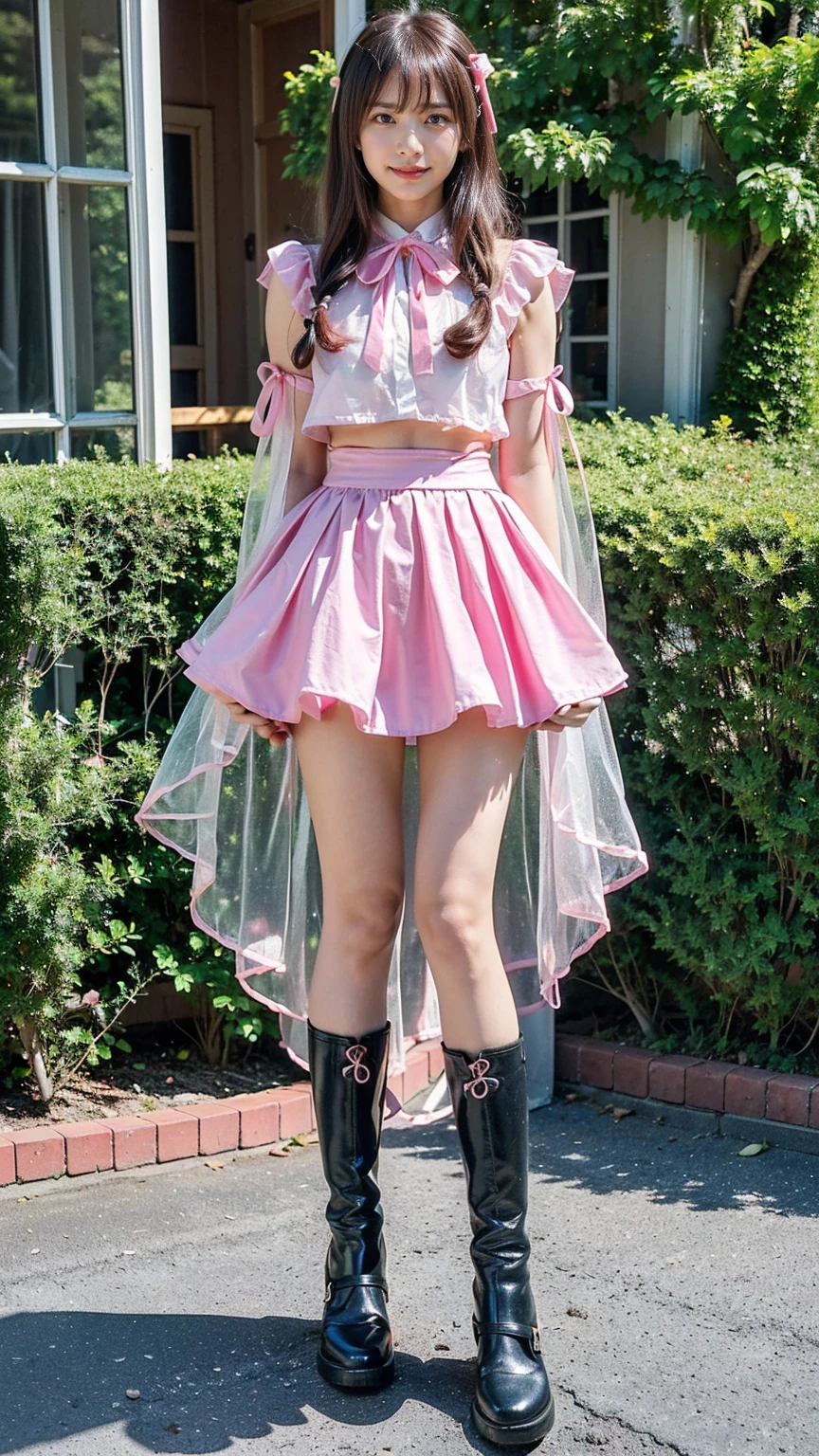 (8k、RAW Photos、Highest quality、masterpiece:1.2)、(Realistic、Realistic)、1 person、((Black and Pink、smile、See-through、garden、ribbon、Frills、mini skirt、Thin legs、whole body、boots、View from the front、Looking into the camera、Stand with hands on hips))、cute