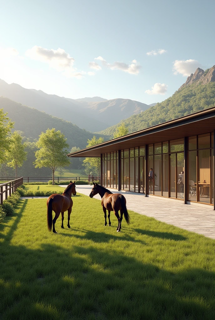 Create a large equine therapy centre for people with disabilities with the style and characteristics of Craig Ellwood&#39;s architectural works}