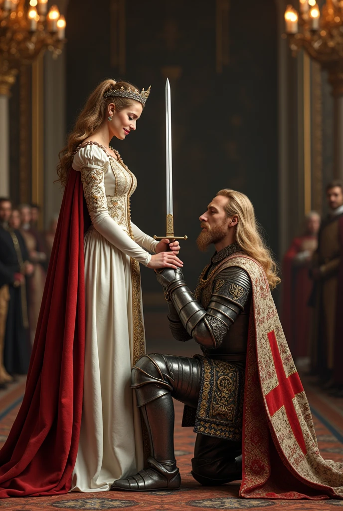 The queen places her sword on the kneeling knight shoulder, Acored, (1 woman and 1 man is existence), front view, Full-body, 13 century, French, White girl, French queen, 30 age-old, (blend hair, hair bun, little lip, little smile ) (tiara, earring), (middle breasts, slender whist, middle hip), slender body,(ancient old fashion, courtly romance), hands hold Crusader sword, sword put on knight shoulder, on floor, standing palace in London, (Englishman, 40 age-old, gold hair, long hair, beard, mustache, Serious),Cover the whole body in armor, ((He wears a cloak with a red cross on his chest)), kneeling , down head, ((Ukiyo-e, retina, accurate, anatomically correct, high details, best quality, HD))