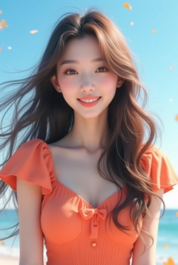 Create a Korean woman with long brown hair in a cute dress with a blue sky behind her