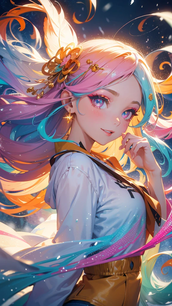 Masterpiece, best quality, one smiling girl, colorful light background, (snow falling) ((swirling swirls, colorful hair)), wearing white shirt and denim shorts, ((long hair)), ((right side)), emotional face, close-up, studio light, studio, (((makeup portrait, pink eyeshadow))), ((golden and orange swirling swirls on face, colorful snow, lots of feathers)), bold pose, shot from different angles